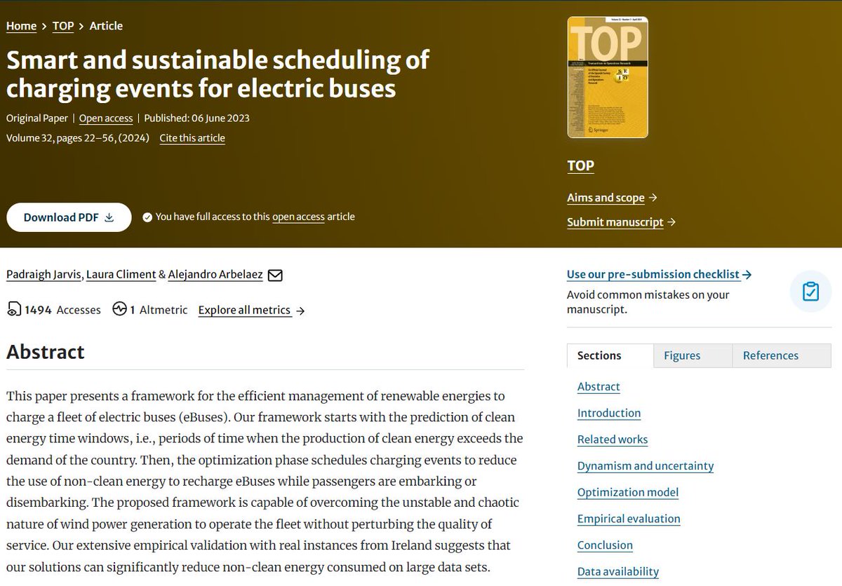 🔓 You have full access to this open access article from TOP: Smart and sustainable scheduling of charging events for electric buses by Padraigh Jarvis, Laura Climent & Alejandro Arbelaez doi.org/10.1007/s11750… @antonioayuso @DoloresRomeroM @SEIO_ES