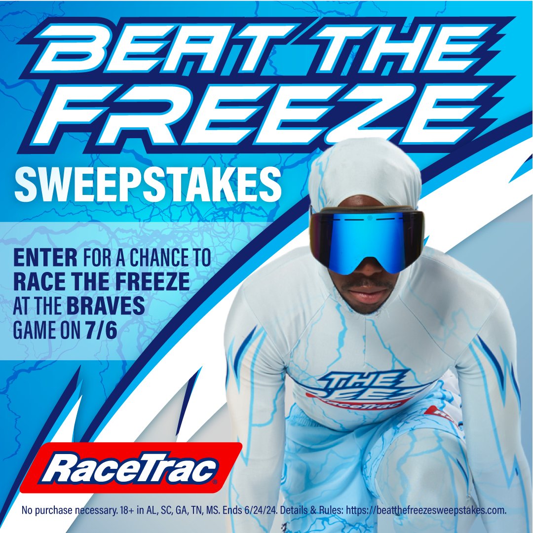 it's baaaaack. you now have another chance to challenge the one and only, RaceTrac's @BeatTheFreeze at the @Braves game on 7/6. stop by participating RaceTrac locations to scan the QR code in-store and enter! No pur nec. 18+ Ends 6/24/24. Rules/elig: beatthefreezesweepstakes.com