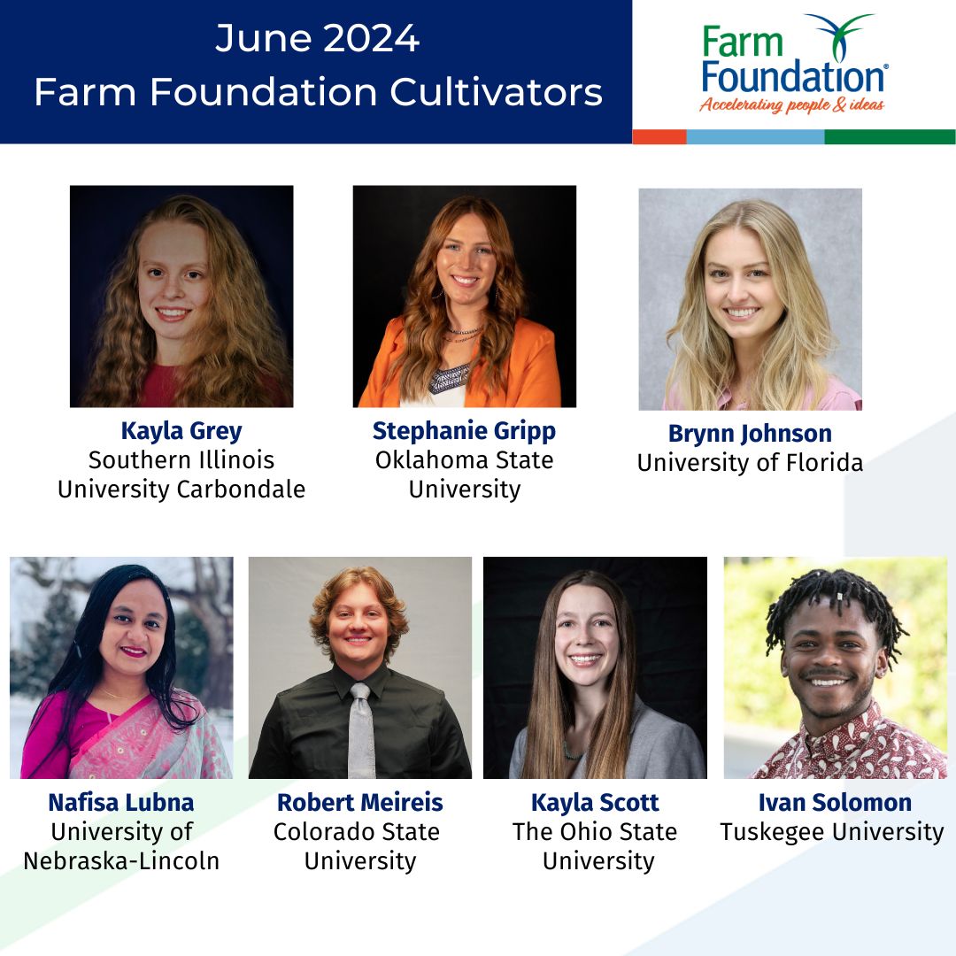 Congratulations to the June 2024 Farm Foundation Cultivators! These students will present their research at the upcoming Farm Foundation Round Table in Broomfield, Colorado. Learn more farmfoundation.org/programs-overv… #farmfoudation #nextgeneration #future #agriculture