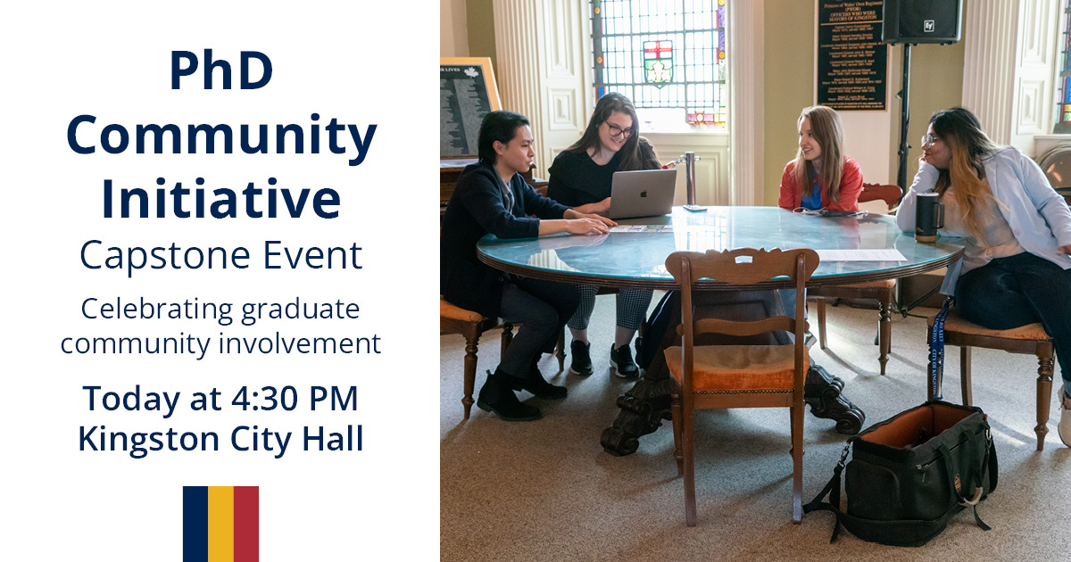 Today is the PhD-CI Capstone event! Come and celebrate graduate student involvement with the community at Kingston City Hall, starting 4:30 PM. Register last-minute here: bit.ly/3U0oT0E