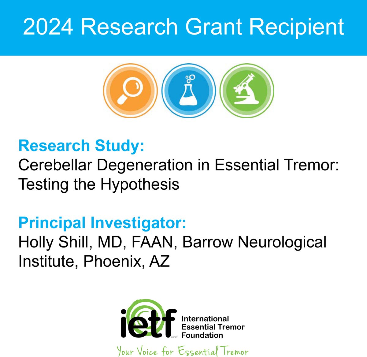 There's a need for additional studies to clarify cerebellar pathological findings in essential tremor in order to support or refute the hypothesis that ET may be a neurodegenerative disorder of the cerebellum. Learn about our 2024 Research Grant recipient. bit.ly/4d86ab0