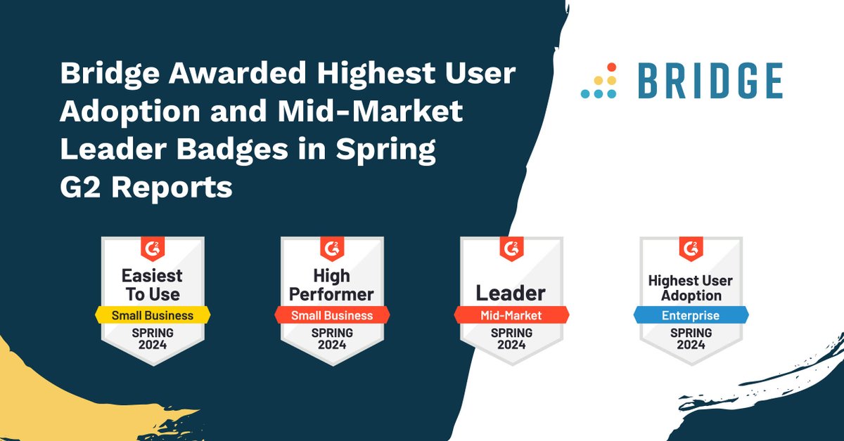 In the spring G2 reports, Bridge was awarded a fresh batch of badges to add to our collection! Find out why Bridge was named a Mid-Market Leader (and why we received the badge for Highest User Adoption) in our latest blog post: bit.ly/4aYuXwH #G2 #LMS #PeopleMatterMost