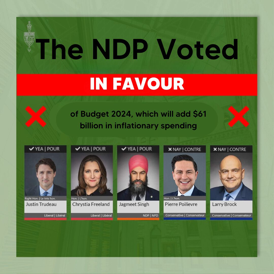 It's a shame, but certainly not shocking, that the NDP once again came to Trudeau's rescue and voted in favor of his inflationary budget. This NDP-Liberal Government is not worth the cost. Common Sense Conservatives will not agree to support the budget.