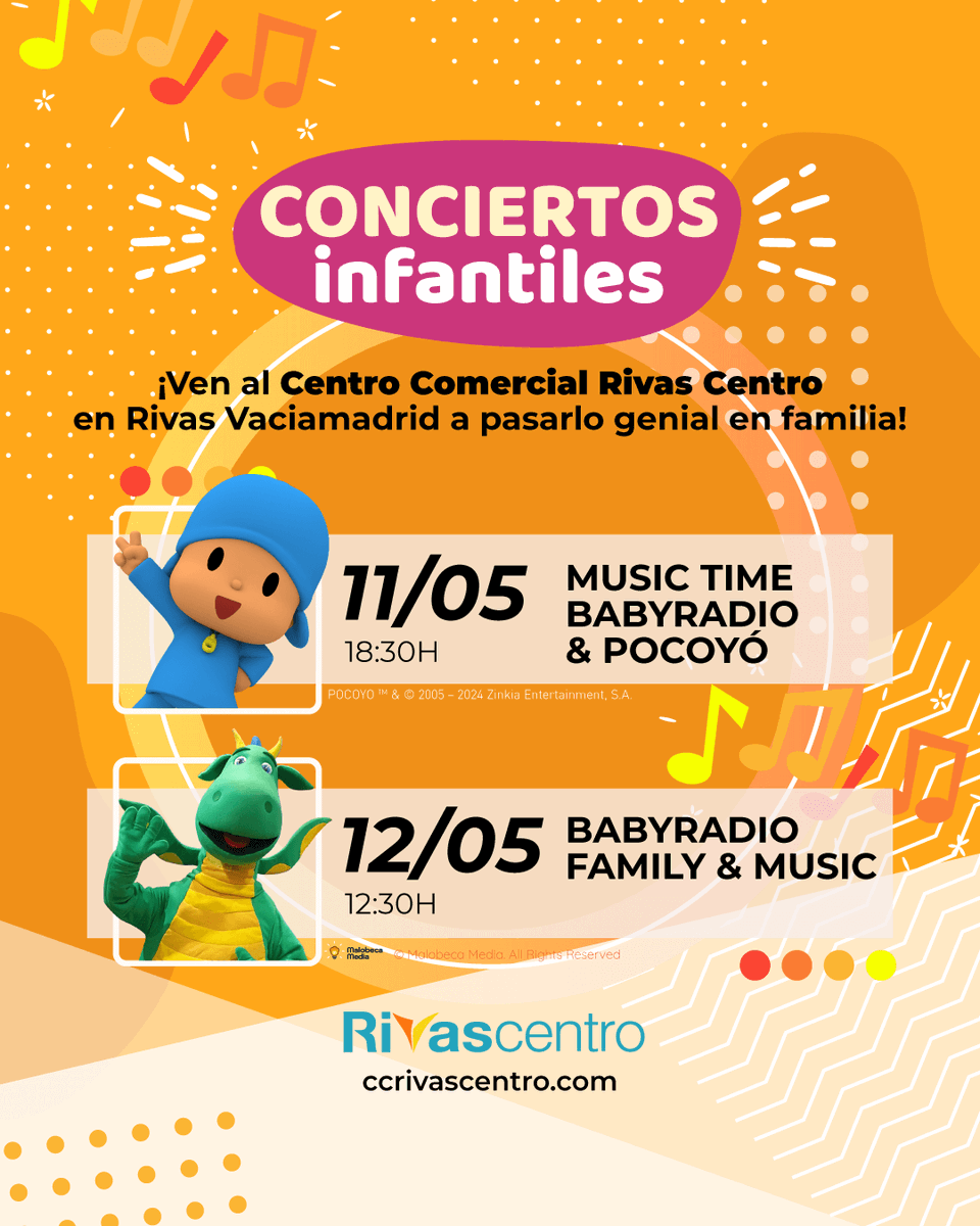 ¡¡ 𝗩𝗘𝗡 𝗔 𝗕𝗔𝗜𝗟𝗔𝗥 𝗖𝗢𝗡 #POCOYO !!  

Ven el próximo 11 y 12 de mayo a Centro Comercial Rivas Centro en #RivasVaciamadrid y disfruta de un plan perfecto en familia, en la que los niños y niñas se lo pasaran en grande. 

¡¡No te lo pierdas!! 
👇👇
 EVENTO 𝗚𝗥𝗔𝗧𝗨𝗜𝗧𝗢