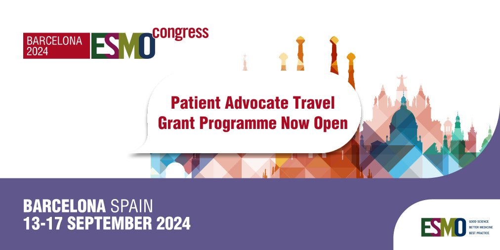 📢Patient advocate travel grant programme now open to help attend #ESMO24 in Barcelona. 📍Free registration to the ESMO Congress 2024 📍Travel & accommodation subsidy of a maximum of 1,000 EUR ⏲️Deadline to apply: 27 May More here 🔗 ow.ly/IeNE50RuHRu @TanjaSpanic @BairdAM