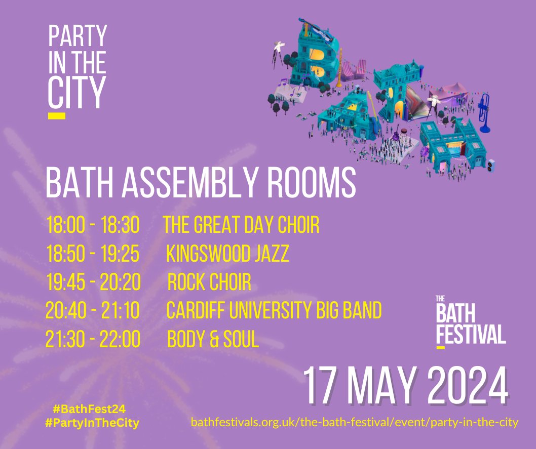 With just one week to go until Party in the City gets underway in Bath, here's the line up of who will be performing at Bath Assembly Rooms. Entrance will be via the courtyard on Alfred Street (opposite Boston Tea Party). #BathFest24 #PartyInTheCity