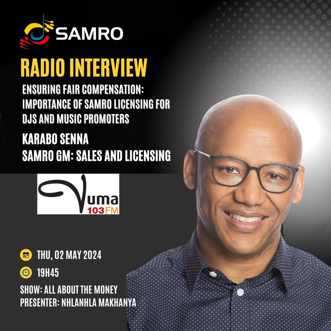 Join SAMRO’s General Manager of Sales and Licensing, Karabo Senna tonight at 19h45 on @VumaFM for a discussion on the significance of SAMRO Licensing for DJs and Music Promoters, emphasising the necessity of fair compensation. Don’t miss out on this insightful conversation.…