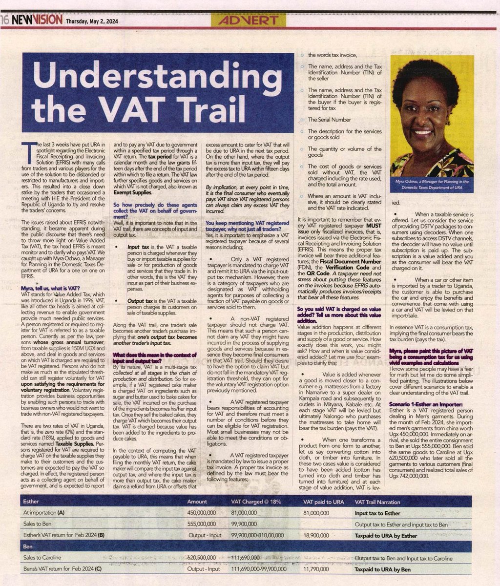 #ICYMI The URA Manager Planning in Domestic Taxes and a Change maverick - Myra Ochwo (@nalongohawt) wrote a piece on understanding the VAT trail. Take a minute and read this insightful article in the @newvisionwire #KakasawithEFRIS #FfeBanno
