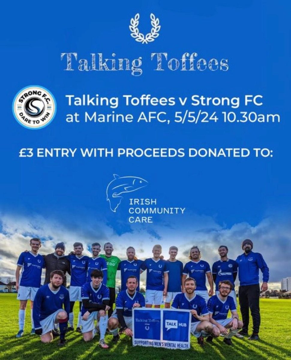 📣 Football Fundraising 📣 Delighted that @WeAreStrongFC & @talking_toffees have chosen us as their charity of choice for their upcoming match! Both teams do great work ensuring men have a place to exercise, connect & speak openly about their mental health💚 #StrongerTogether