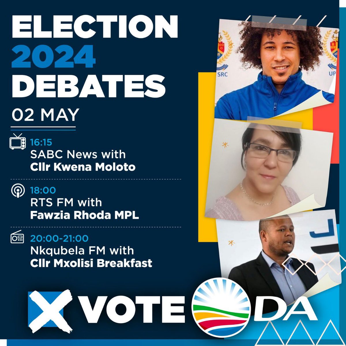 📺Tune in to SABC News and radio stations to catch our DA leaders live in the Election 2024 Debates. You do not want to miss out on the conversations. #RescueSA