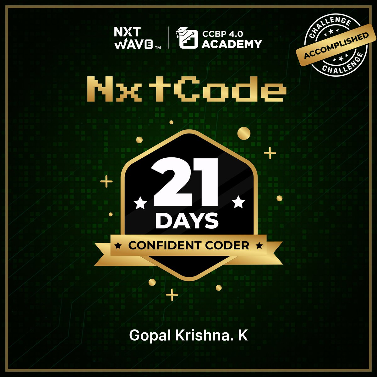 GOPALKRISH60589's tweet image. Hello followers
#Nxtcode
#21days #confidentcoder
That's a wrap! ✨
Completed the 21-day #NxtCode21DaysofCoderChallenge! 🎉
Through this challenge, I gained great confidence in my coding skills 💪
I'm looking forward to more challenges from the #NxtWave team 🚀