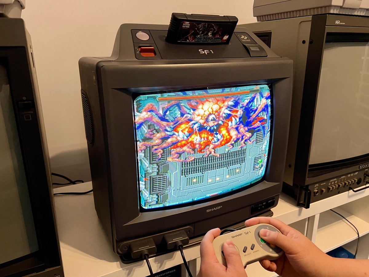 Playing a bit of Xeno Crisis on the Sharp Super Famicom SF1 CRT TV - thanks to @quangdx for bringing it to the office! #supernintendo #snes #retrogames #retrogaming #snesdev