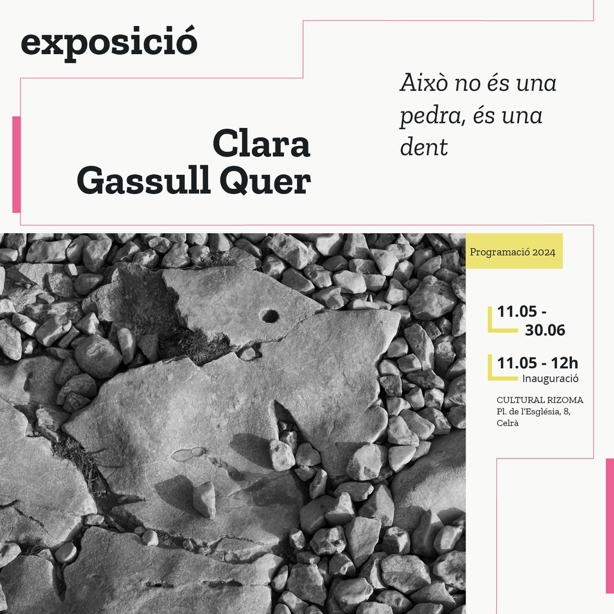 «Això no és una pedra, és una dent» Clara Gassull Quer 11.05 – 30.06.2024 Inauguració: dissabte 11 de maig a les 12 h a Cultural Rizoma (pl. de l'Església 8, Celrà) + info 👉 culturalrizoma.com/projectes/12-a…