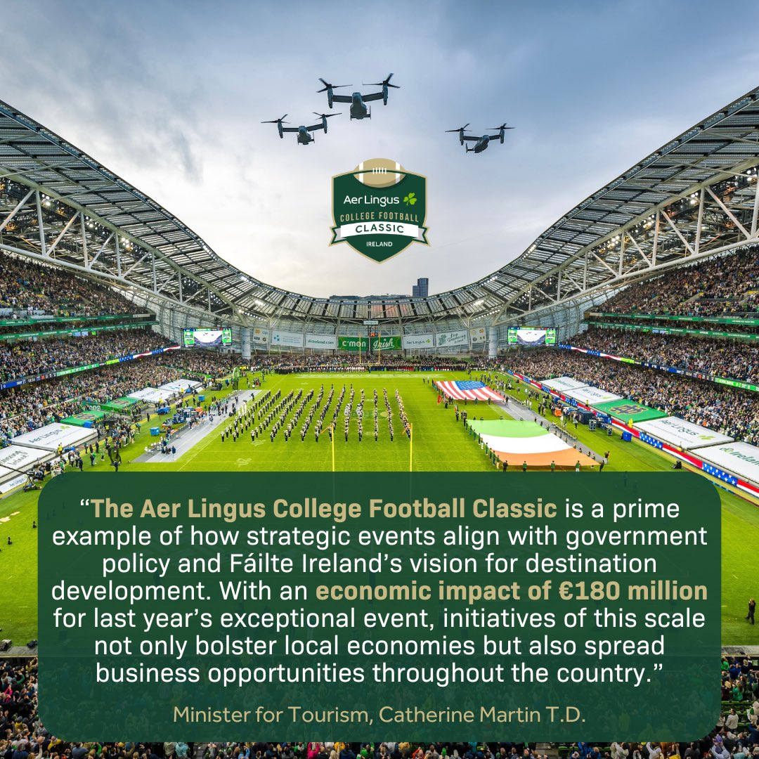 The 2023 Aer Lingus College Football Classic, featuring @NDFootball and @NavyFB, is calculated to have generated €180 million for the Irish Economy! 🇮🇪 🏈 🔘There were 49,000 attendees at the game, a sellout attendance for the ALCFC. 🏟️ 🔘Additionally, the game was broadcasted