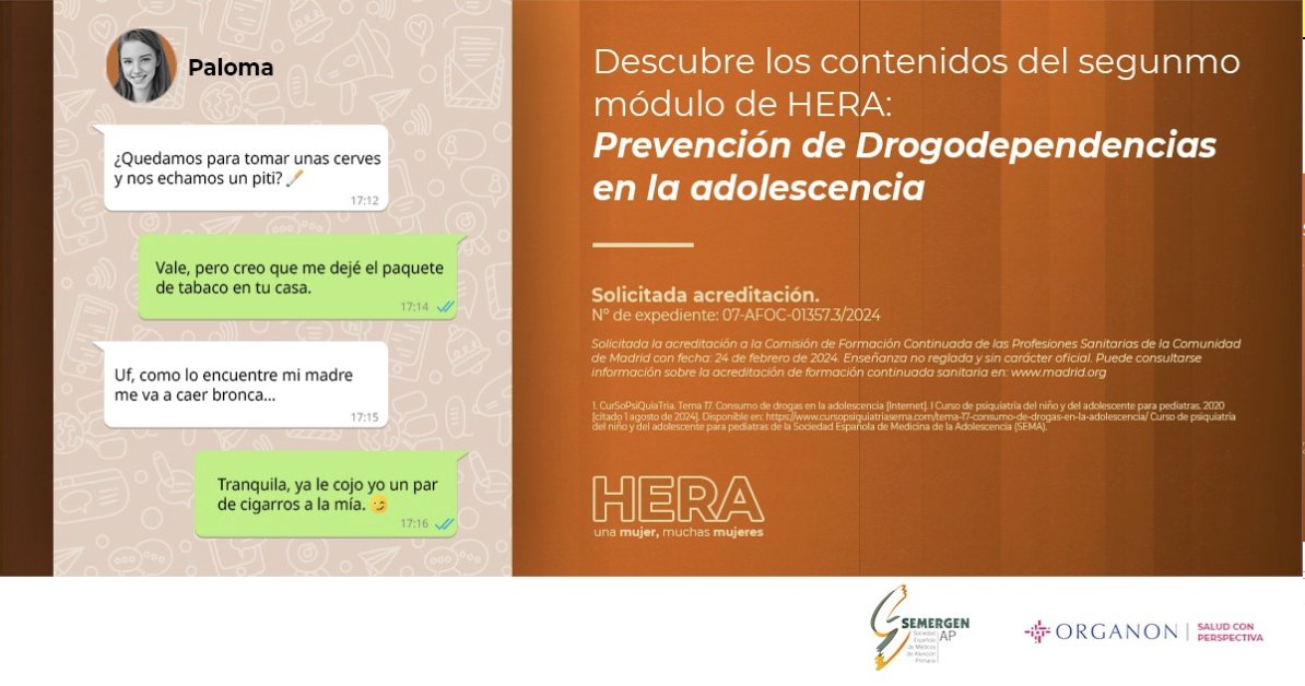 El 1º detector de abuso de sustancias en las adolescentes suele ser el MFyC en AP 👉Aprende más sobre medidas preventivas ante la drogodependencia en adolescentes con @Angavall en el curso online HERA de @SEMERGENap y Organon i.mtr.cool/peodtwkqhm #SaludConPerspectiva💡👩‍⚕️