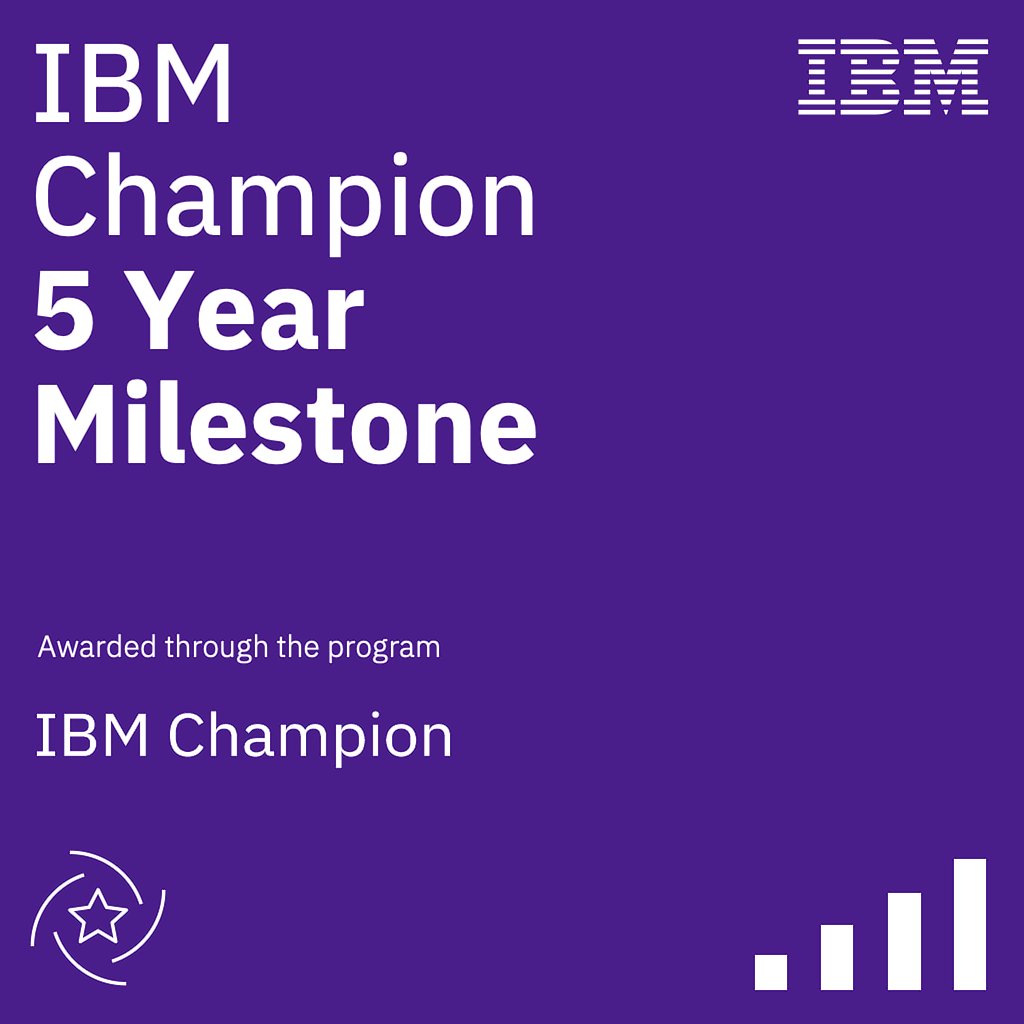 My fifth year as an #IBMChampion! It's been an honor to work with a group of technology professionals who are so incredibly talented and giving of their time to help others, create solutions, teach, and build the community. Looking forward to the next 5! #IBMi #LISUG @COMMONug