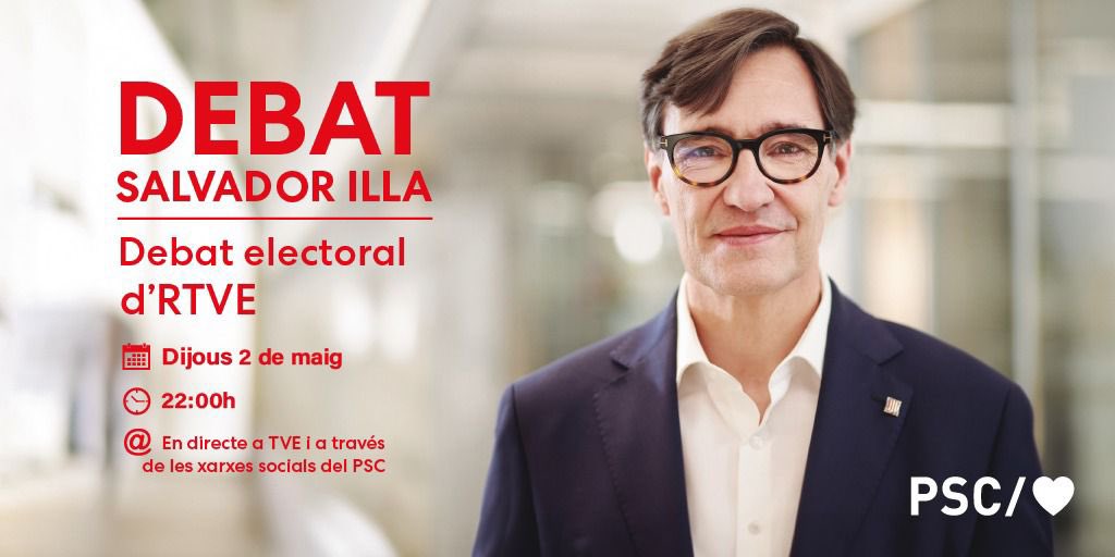 🔴 A partir de les 22:00h, el candidat a la presidència de la Generalitat de Catalunya, @salvadorilla, participarà en el #DebatRTVE.

▶️ Segueix-lo en directe a través de les xarxes del PSC!  

#ForçaPerGovernar #IllaPresident #VotaPSC