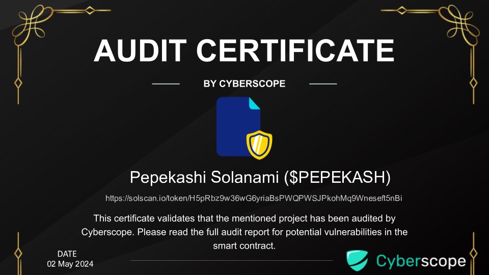 We just finished auditing @pepekashi Check the link below to see their full Audit report. cyberscope.io/audits/pepekash Want to get your project Audited? cyberscope.io #Audit #SmartContract #Crypto #Blockchain