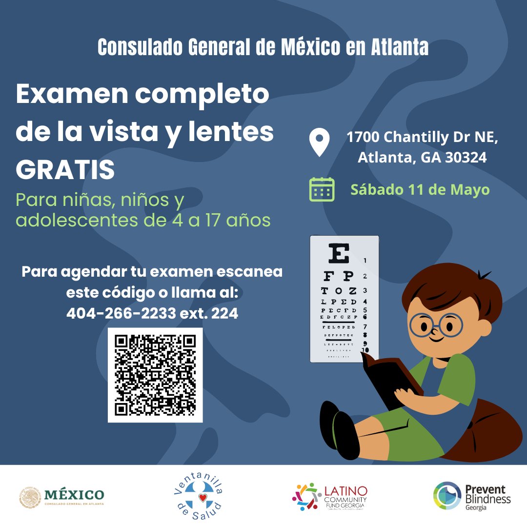 #TuConsulMexAtl y la #VentanilladeSaludAtlanta invitan a tod@s l@s niñ@s, y adolescentes entre 4 y 17 años a realizarse exámenes de la vista gratuitos. 👀👓 En caso de requerir lentes, estos también serán gratis. 🤓
¡Escanea el código o llama para agendar tu cita!
@IME_SRE