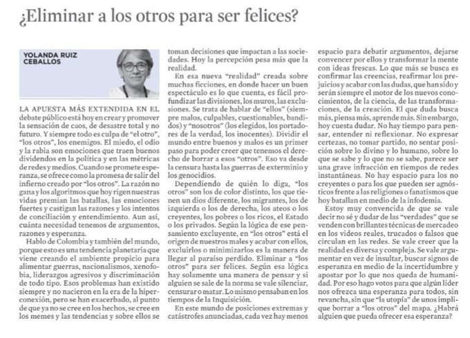 ¿Eliminar a los otros para ser felices? Por @YolandaRuizCe.