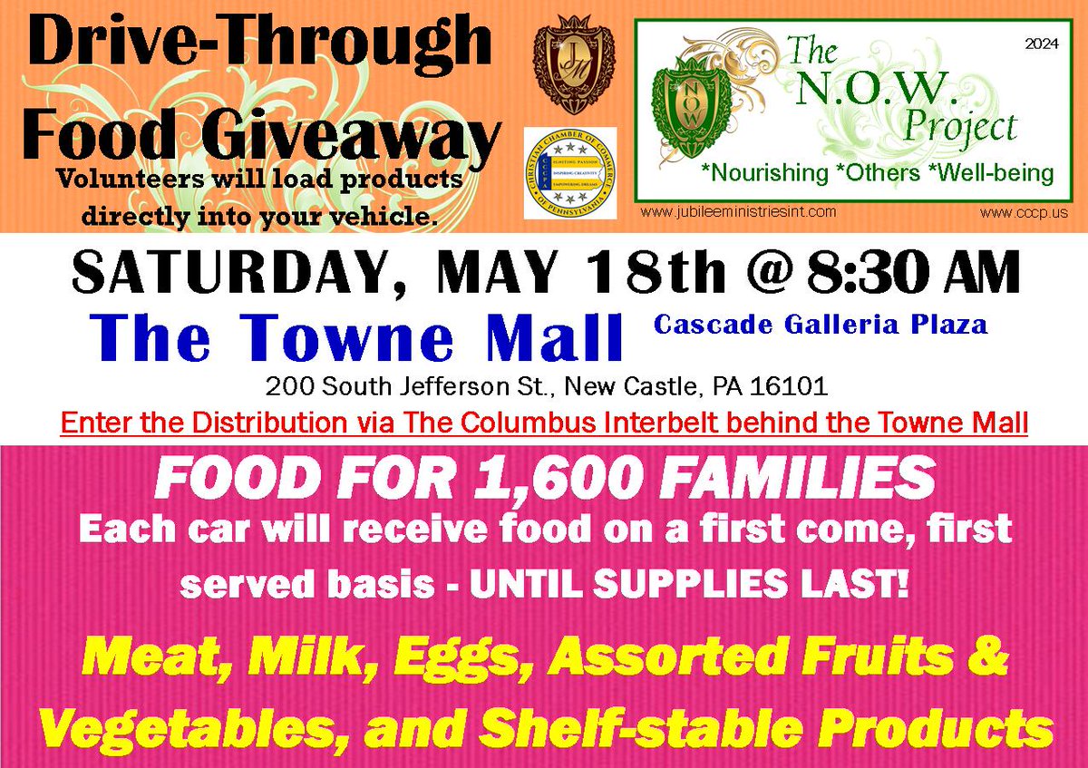 The NOW Project of Western Pennsylvania Food Distribution will be distributing free food for up to 1,600 families on Saturday, May 18th, 2024. #fooddistribution #FightFoodInsecurity #lawrencecountypa