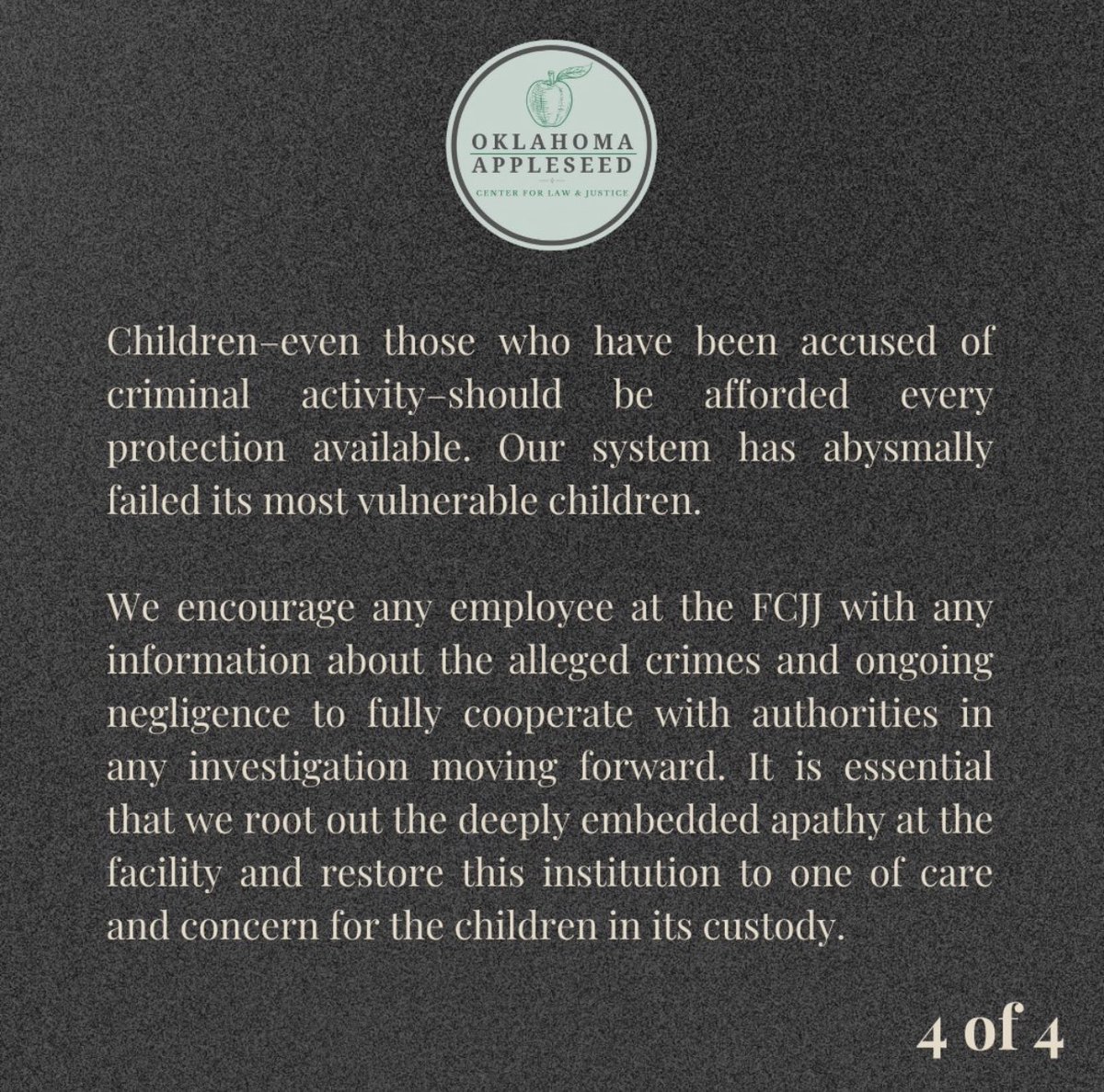 Our statement on the child r*pe and trafficking allegations occurring in the Tulsa County Family Center for Juvenile Justice. Also available here: okappleseed.org/articles/state…