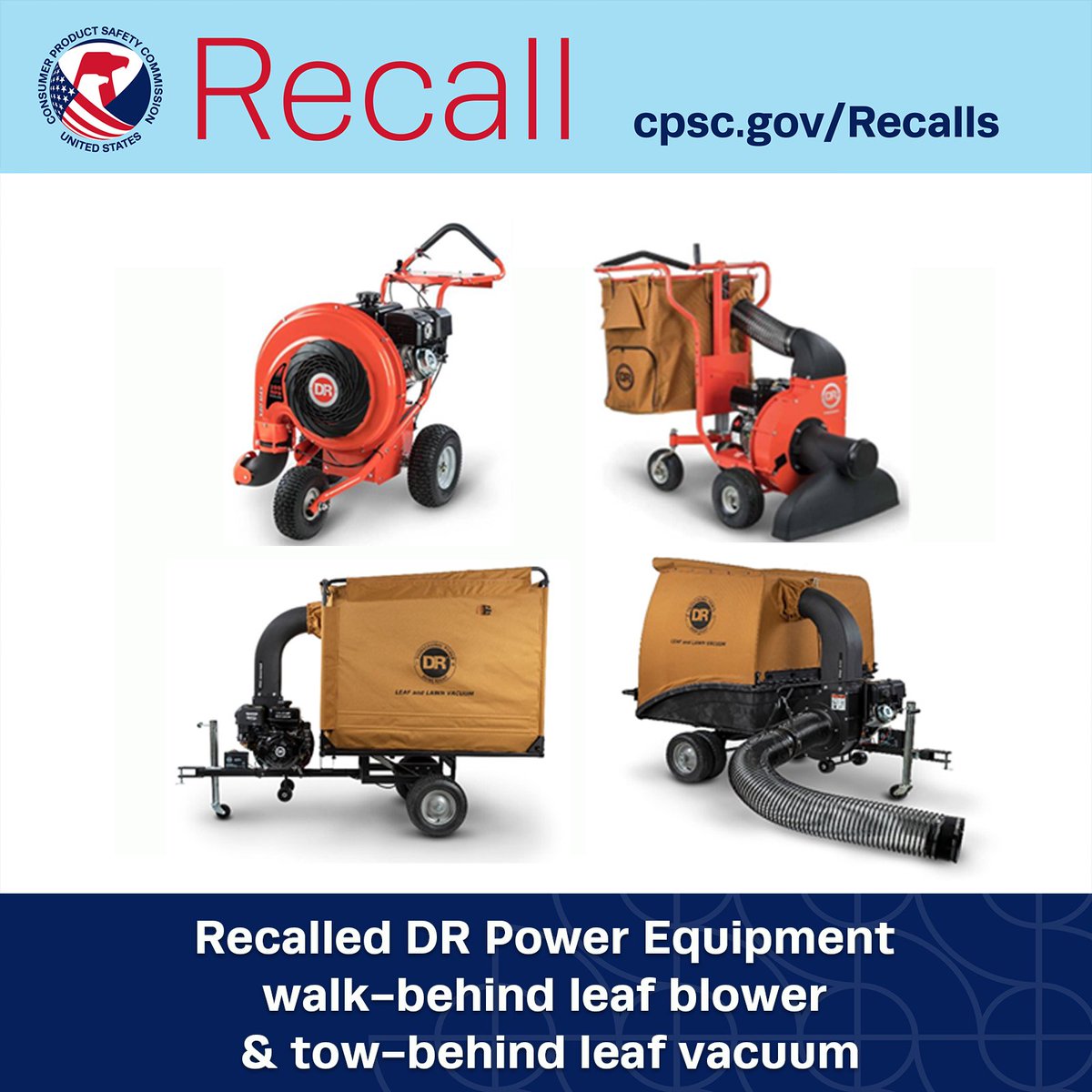 #RECALL: @DRPowerEquip Walk-Behind Leaf Blowers and Vacuums, and Tow-Behind Leaf Vacuums; laceration hazard to users and bystanders. Get repair. CONTACT: Toll-free 877-221-4038, recall@drpower.com, drpower.com/recalls or drpower.com cpsc.gov/Recalls/2024/D…