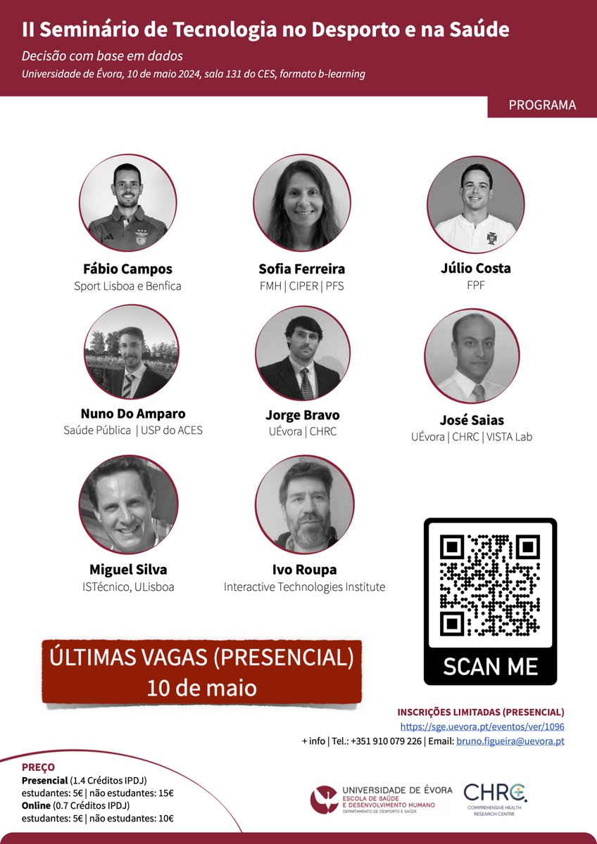 🚨🚨ÚLTIMAS VAGAS (PRESENCIAL) 🚨🚨

📢 II SEMINÁRIO DE TECNOLOGIA NO DESPORTO E NA SAÚDE
🎯 Decisão com base em dados
📅 Data: 10 de maio de 2024
🏢 Local: Universidade de Évora
📚 Formato: B-learning (presencial e online)

🌐 Inscrições: lnkd.in/dzSEgkKb