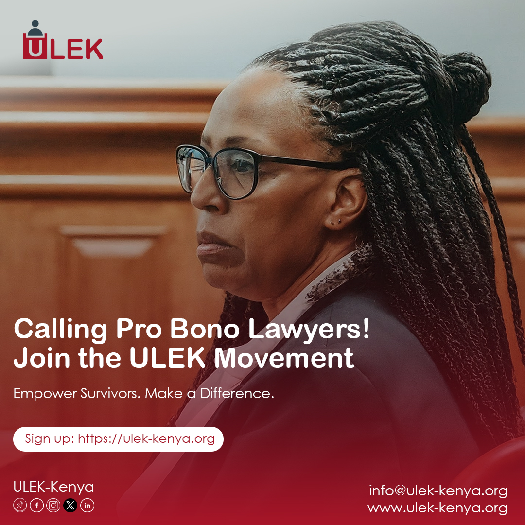 Calling all passionate advocates! 
ULEK (Unity for Legal Equality Kenya) seeks pro-bono lawyers to fight for SGBV & social justice victims in Kenya. Join to make a difference!

Get involved today: ulek-kenya.org

#ProBonoLawyers
#AccessToJustice
#GenderEquality
#LegalAid