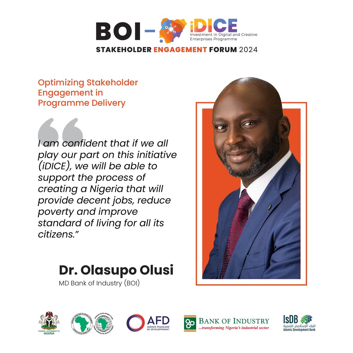 The Bank of Industry (BOI) serves as the Executing Agency for the iDICE program. Co-financiers include African Development Bank (AfDB), Agence française de développement (AFD), Islamic Development Bank (IsDB). Find out more idice.ng
