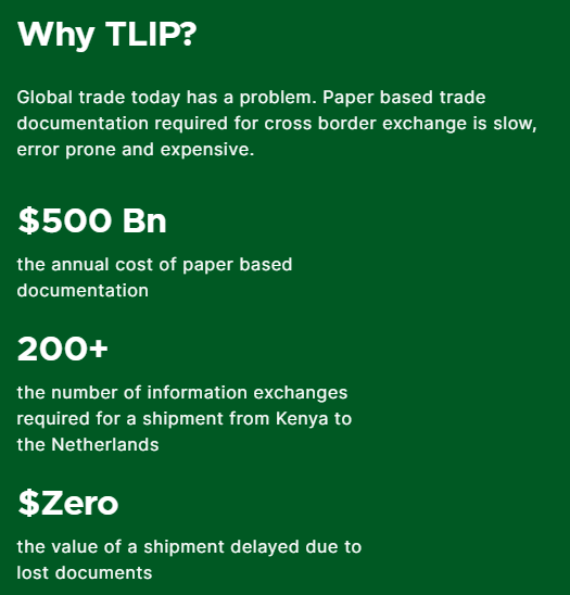 2. TLIP 

Built on $IOTA

Will distrupt the old Supply chain | Trade industry by tokenizing and digitalizing trade documents

No more 'lost' papers 
↷