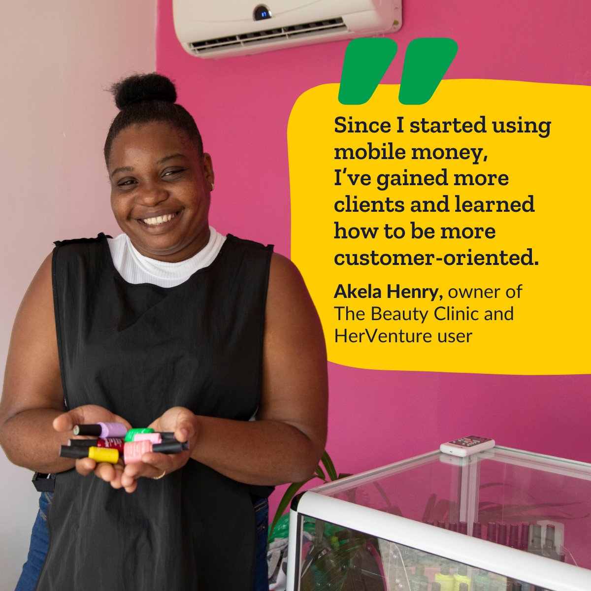 Akela Henry is a talented nail technician, who owns The Beauty Clinic in Georgetown, Guyana. Our #HerVenture app supported her to learn about mobile money & how to implement it in her business. Read her full story: cherieblairfoundation.org/impact/her-sto…