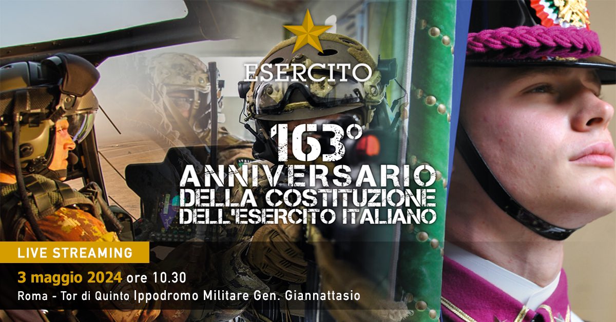 Venerdì 3 maggio alle ore 10:30 avrà luogo la cerimonia per il 163° anniversario della costituzione dell’Esercito Italiano. Ti aspettiamo presso l’Ippodromo Militare “Gen. C.A. Pietro Giannattasio” (Viale Tor di Quinto, 118 – Roma) Segui la diretta: YouTube…