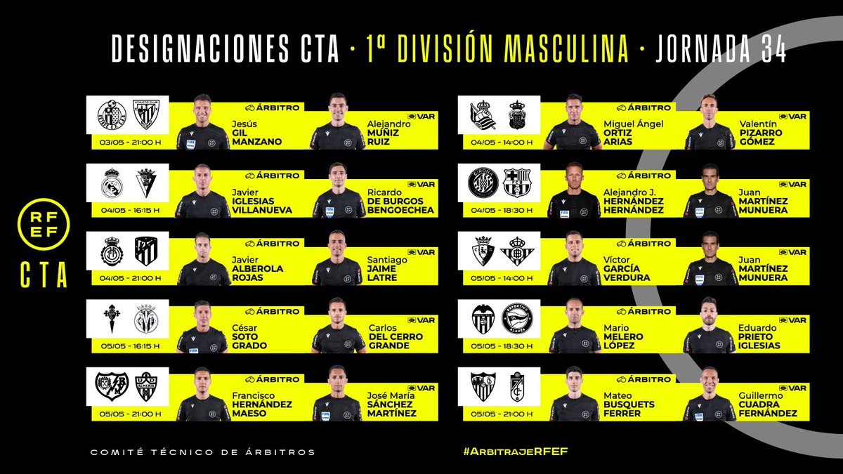 ⚖️ DESIGNACIONES | Primera División Masculina Definidos los árbitros que dirigirán la jornada 3️⃣4️⃣ del campeonato. 🔗 rfef.es/es/noticias/of… #ArbitrajeRFEF | @CTARFEF