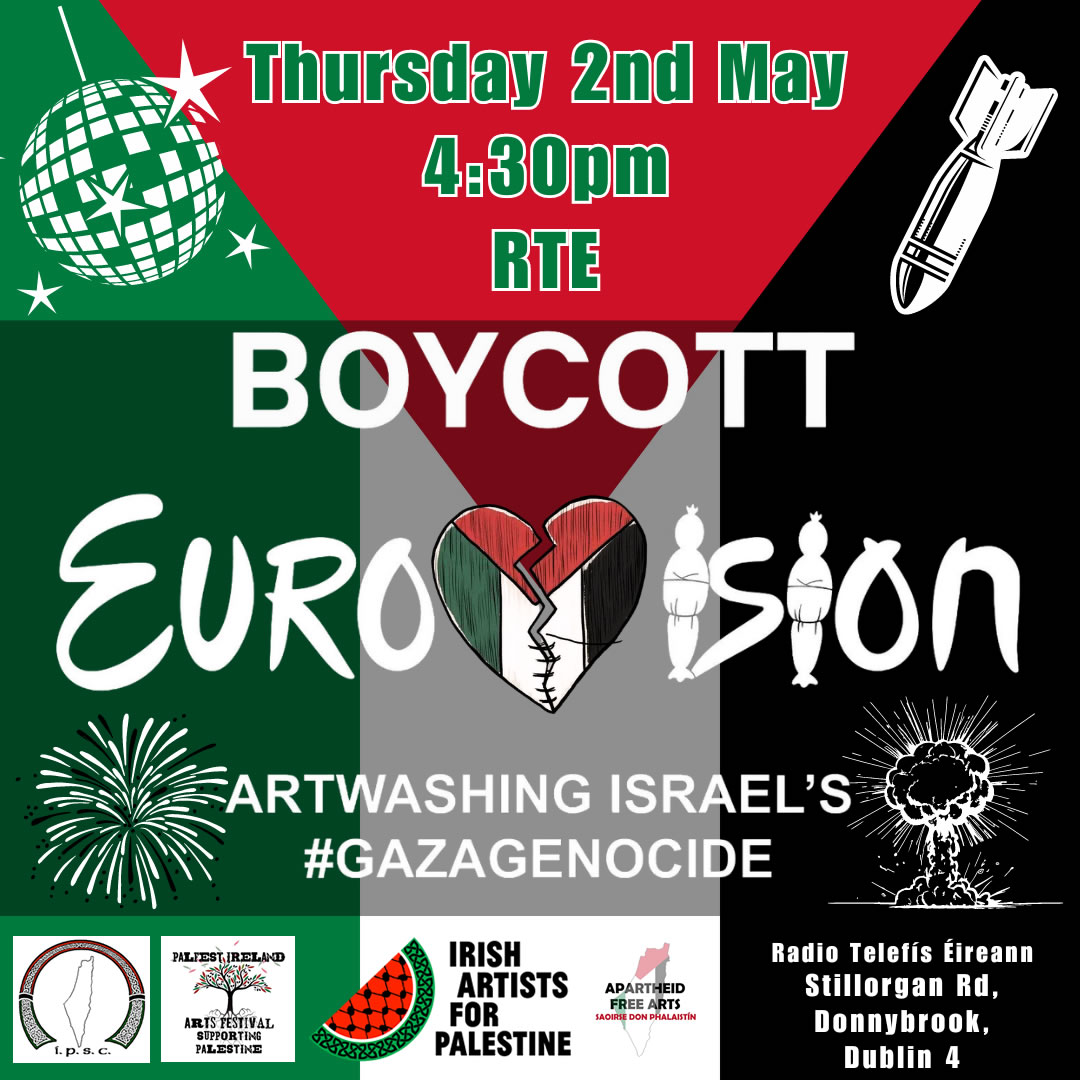 ipsc48's tweet photo. 🇵🇸🍉 Are you coming?! Join us today 2nd May, 4.30pm to 6pm for a protest, with music from some of Ireland's greats, poetry, a die-in and more. We are calling for Ireland to #BoycottEurovision2024. See you at RTÉ Studio's gates. #FreePalestine https://t.co/V9KorJNCxk