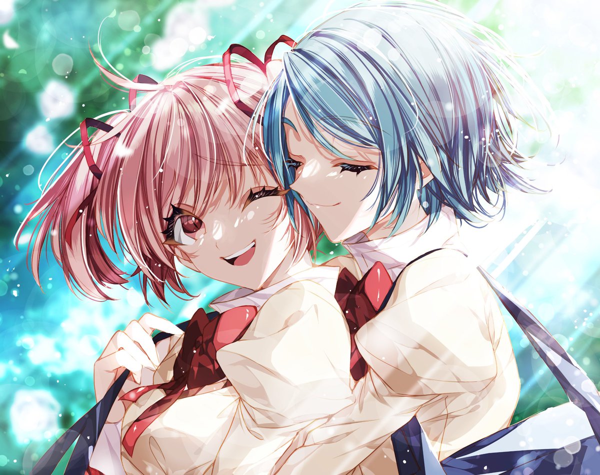 kaname madoka ,miki sayaka smile open mouth short hair multiple girls long sleeves bow ribbon  illustration images
