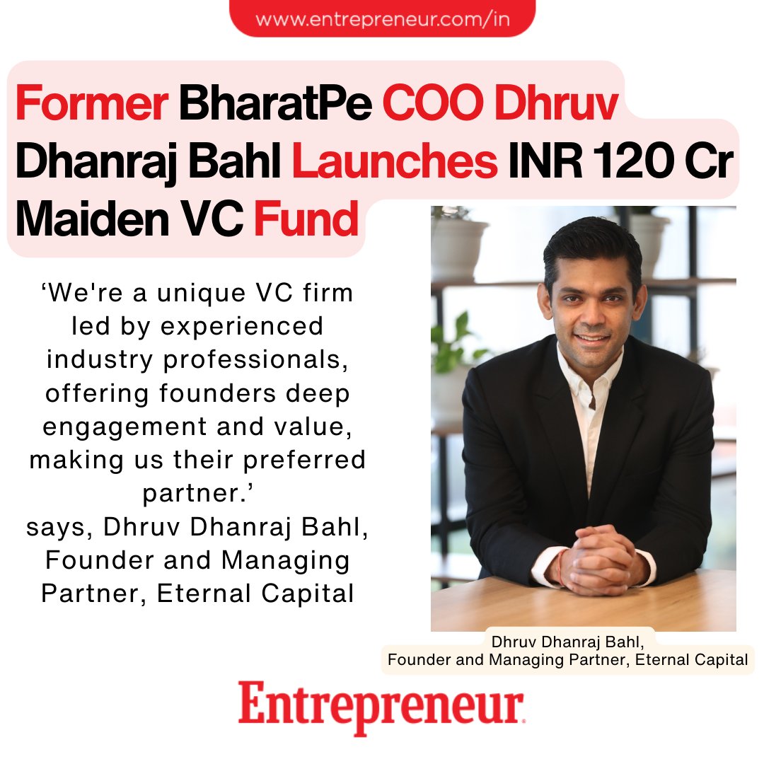 Former BharatPe COO Dhruv Dhanraj Bahl Launches INR 120 Cr Maiden VC Fund

Read: ow.ly/YlMf50Rupp2 

#FutureTech #InvestmentStrategy #StartupEcosystem #BusinessNews #PreSeriesA #SeedFunding #TechInvestment #Entrepreneurship #StartupFunding #VentureCapital
