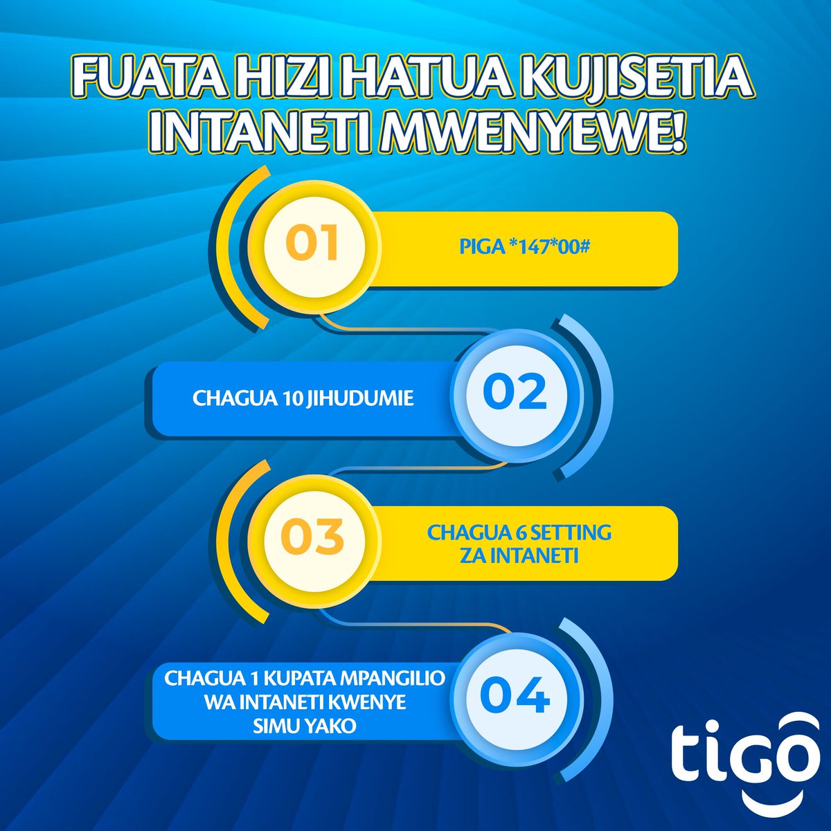 YasTanzania_'s tweet photo. KUJIHUDUMIA ni rahisi sanaπ«. Piga *147*00# ! Fika #Tigoshop kwa msaada zaidi. #tigoliveitloveit https://t.co/J2pd4Qe8e8
