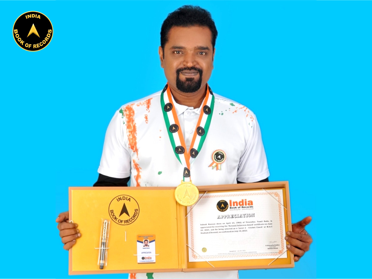 Subash Kannan of Tiruvallur, Tamil Nadu, is appreciated for receiving the ‘National Achievers Award’ certificate on June 24, 2023, and for being selected as a ‘Level 2 - Cricket Coach’ at M.A.C Stadium. #IndiaBookofRecords #SubashKannan #Gent Read At: indiabookofrecords.in/subash-kannan-…