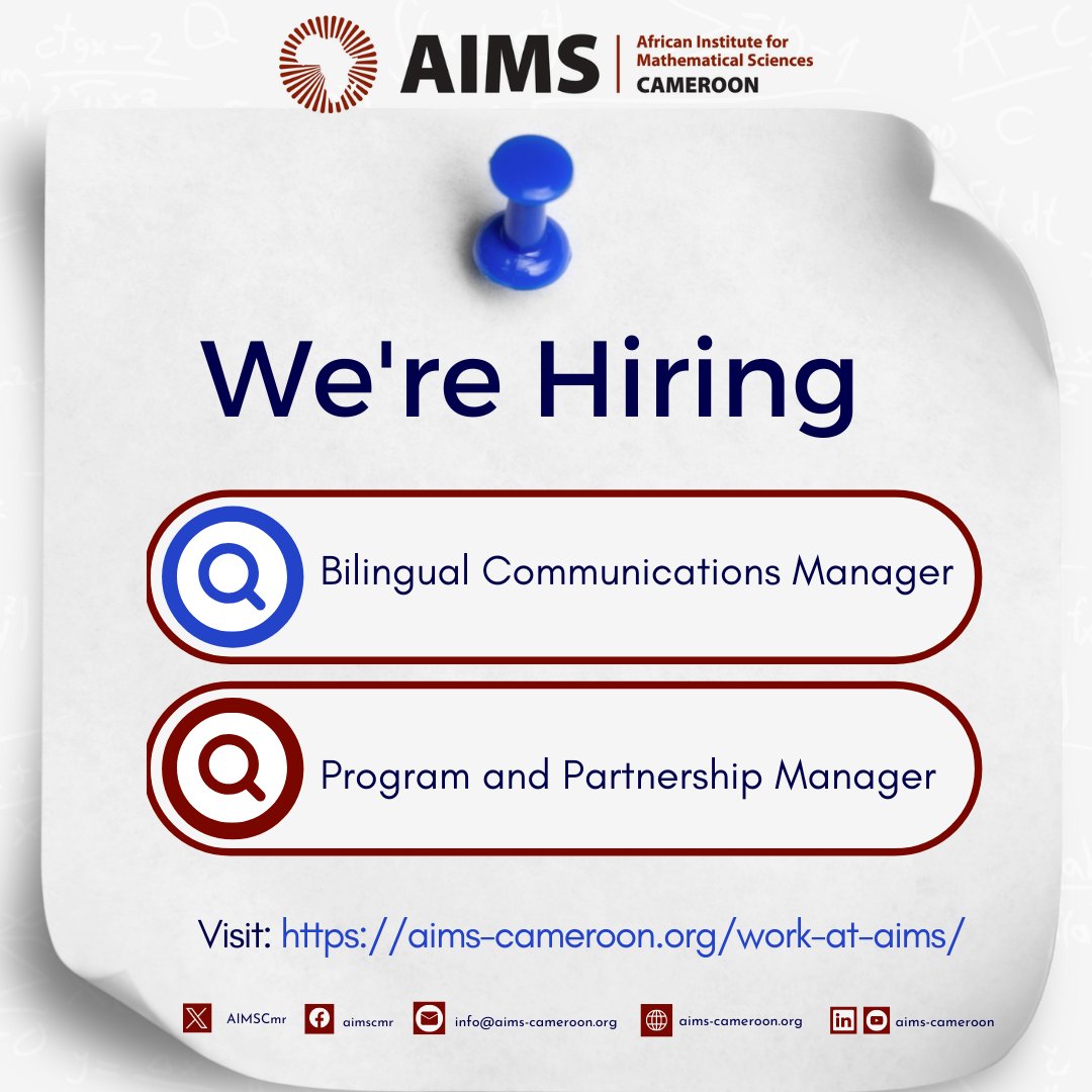 Visit aims-cameroon.org/work-at-aims/ to explore #AIMSCMR job openings and kickstart your impactful #Career journey. Bilingual Communications Manager (Closes May 10, 2024) Program and Partnership Manager (Closes May 20, 2024) #JobSearch #JobAlert #jobseekers #HIRINGNOW #ApplyNow