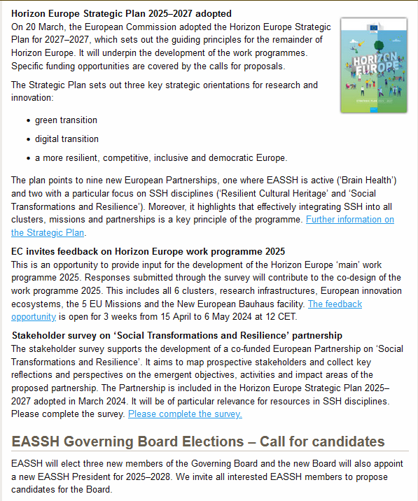 💫Have you received the latest #EASSHnewsletter? ❇️#HorizonEU Strategic Plan 2025–27 ❇️Stakeholder survey on ‘Social Transformations & Resilience’ partnership ❇️Governing Board Elections: Call for candidates ❇️New blog: The EASSH Lens Not a member yet? eassh.eu/About/Membersh…