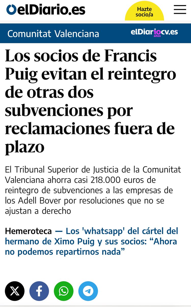 Mala suerte. Los valencianos pierden 218.000€ más pq el gobierno de Ximo Puig pidió tarde la devolución de las subvenciones a los socios de su imputado hermano. 👇🏼👇🏼 eldiario.es/comunitat-vale…