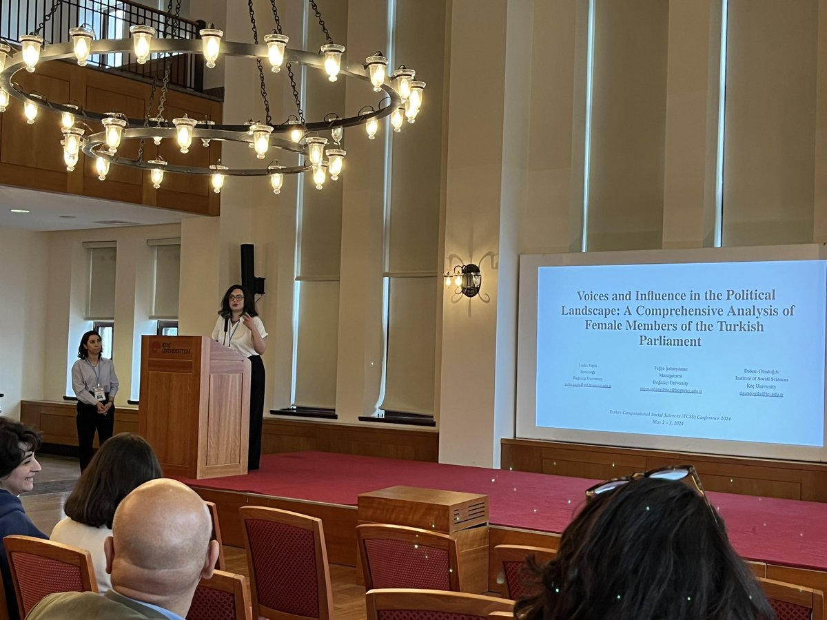 Proud of you. ❤️ @tugcesahnyilmaz and @ladintoplu. Presenting their work from our class at @Bogazici_CmpE at Turkey’s Computational Social Science Conference at @ccss_ku . Koc University Center for Computational Social Sciences. 🎉👏🥳