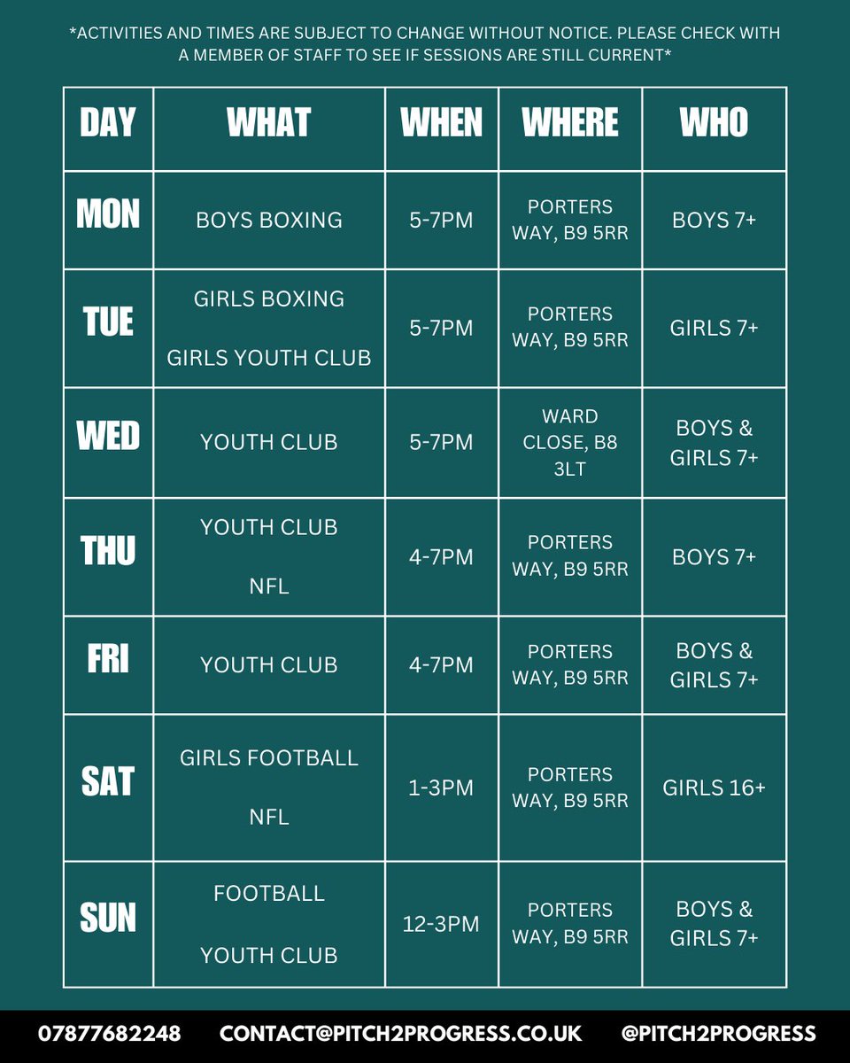 🌞 Dive into summer vibes with our brand new timetable at Pitch 2 Progress! ⚽ From recreational sessions to fun-filled matches, we've got your summer activities covered. Don't miss out on the action, join us for a summer of progress and play! 🏃‍♂️💪 #SummerGoals #Pitch2Progress