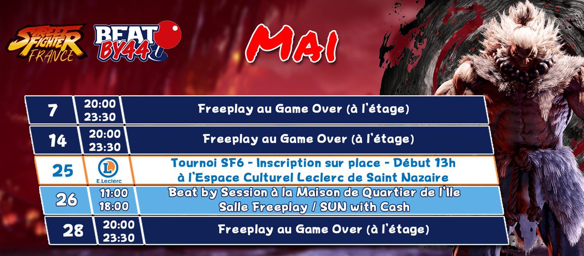 Le planning de Mai 2024 est disponible! Ce mois nous vous proposons: - du freeplay au @GameOver_nantes - un tournoi #SF6 en collaboration avec @Leclerc Saint-Nazaire - la Beat By Session comme d'habitude à la Maison du Quartier de l'Île de Nantes