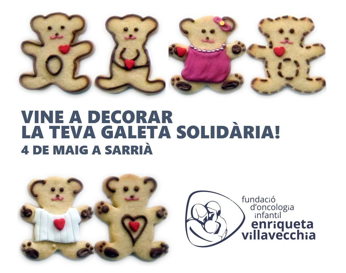 La Cookiteca de Sarrià organitza un taller solidari de galetes solidàries aquest dissabte 4 de maig, en diversos horaris, per a nens i nenes de 6 a 12 anys. La recaptació va a benefici de la #FEVillavecchia. Inscripcions obertes! cookiteca.com/ca/ca/categori…