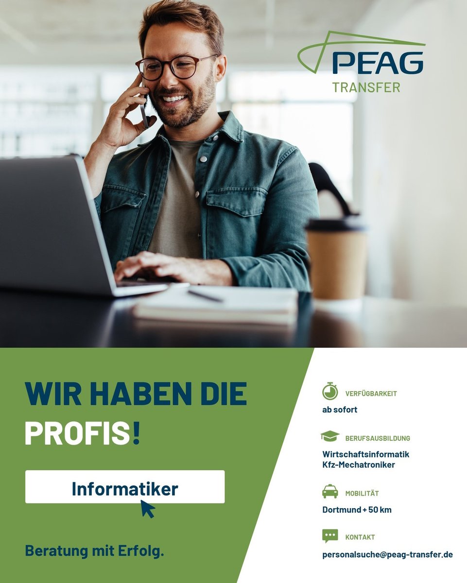 Wir haben die Profis: Unsere #PEAG Transfer berät regelmäßig Menschen bei der Suche nach einer Arbeitsstelle. Aktuell ist es zum Beispiel ein #Informatiker, der im Raum #Dortmund sucht. Mehr Info und Kontakt ➡️ peag-online.de/peag-transfer/… #NRW #SAP #Jobs #Personalvermittlung