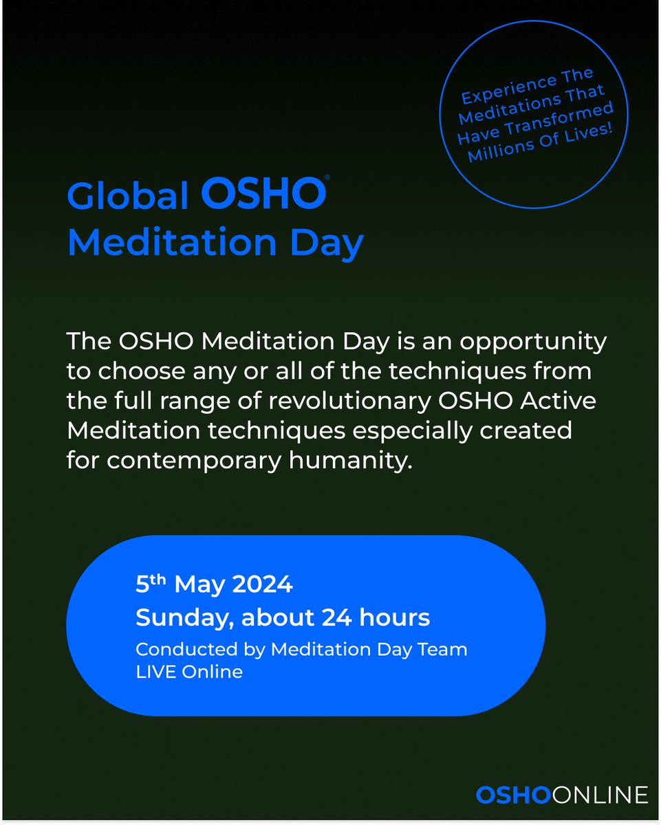 Do you find it difficult to meditate? Do you end up getting into a fight with an army of thoughts trampling through your head? Experience the meditations that have transformed millions of lives at Global OSHO Meditation Day, happening on May 5th 👇 bit.ly/4aW4NL5