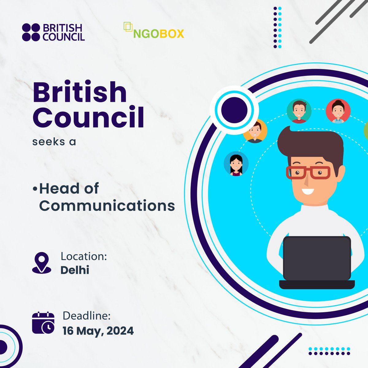 Exciting opportunity at the @BritishCouncil ! 🌟 Join us as the Head of Communications, responsible for internal and external communications planning and delivery, including media, PR, and stakeholder communications in India. Location: Delhi Apply now: ngobox.org/job-detail_Hea…