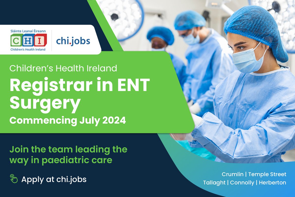 Children’s Health Ireland are inviting applications for the post of Registrar in ENT Surgery, commencing July 2024. Learn more and apply at ow.ly/C4kx50RusoZ